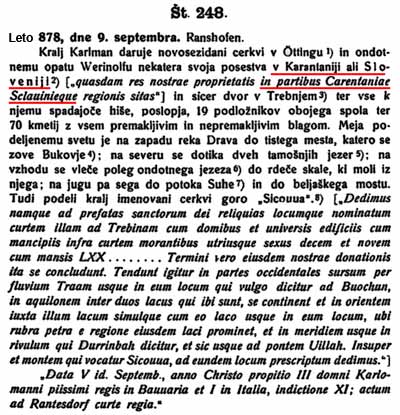 vir 248, leto 878, Karantanija = Slovenija: v Karantaniji ali Sloveniji; in Carantaniae Sclauinieque regionis sitas