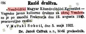 okraj Vendov, Prekmurje, uradni list 1922