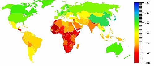 Zemljevid IQ stopenj po državah sveta.; World Map of IQ rate by countries.