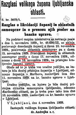 Abolition of Oblast, establishment of Banovina 16th November 1929; Razglas o ukinitvi Oblasti in vzpostavitvi banovin 16.11.1929