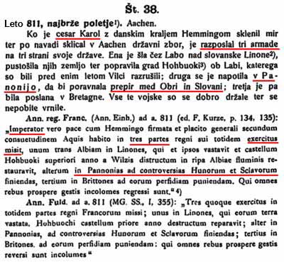 vir 38, leto 811, Panonija = Slovenija: Karel razposlal tri armade v Panonijo, prepir med Obri in Sloveni; 