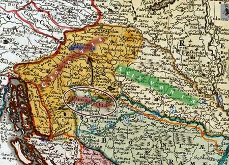 Sclavonia - Homann Erben, 1744; Med Slovenijo in Slavonijo je namerno zabit hrvaški klin razdvajanja; The Croatian wedge is cut between Slovenes to separate Slovenia and Slavonia.