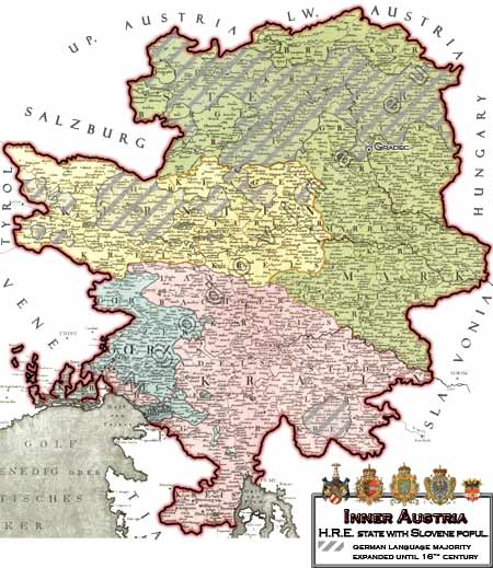 Inner Austria Sloven state within HRE with german language islands; Notranja Avstrija slovenska država znoraj SRC z nemškimi jezikovnimi otoki; Innerösterreich slowenisch Staat von den HRR mit dem deutsche Sprachinseln