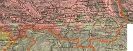 potvorjena slika popisa občevalnega jezika 1855, nad Celovcem čisto slovenske vasi