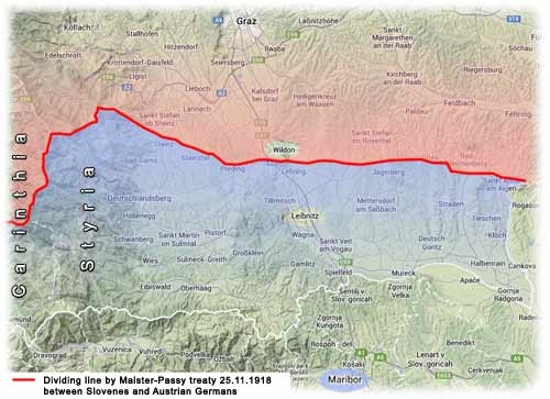 Wildon: Dividing line by Maister-Passy treaty 25.11.1918 between, Slovenes and Germans; razmejitvena črta po sporazumu Maister-Passy 25.11.1918 med Slovenci in Nemci